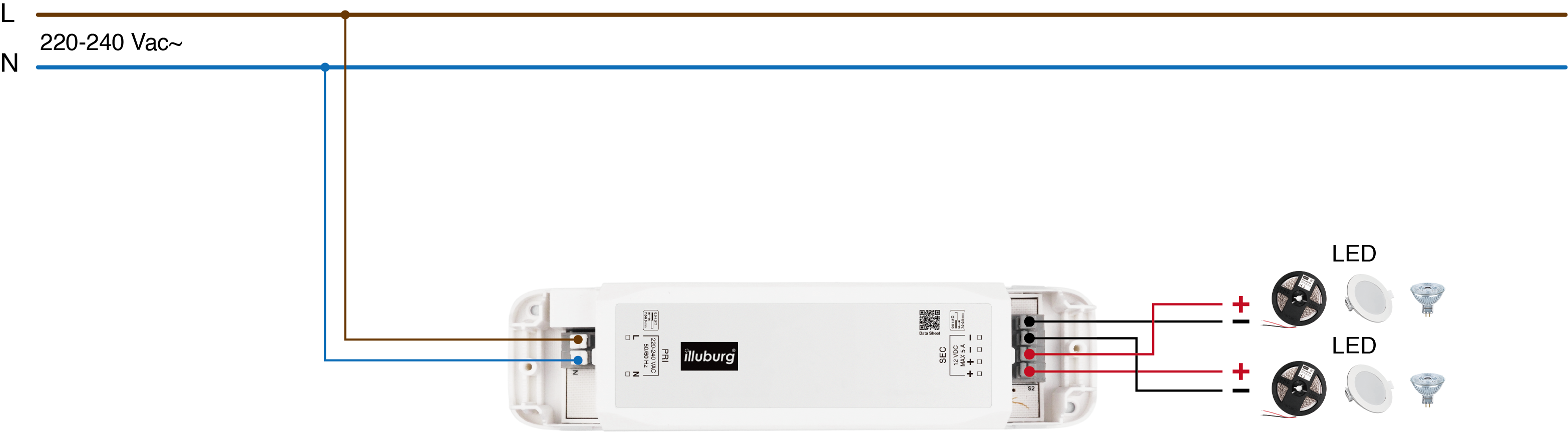 LED Netzteil 60 Watt mit Anschluß für Hauptschalter und 6-Fach LED  Verteiler / Netzteil / Trafo / LED Trafo